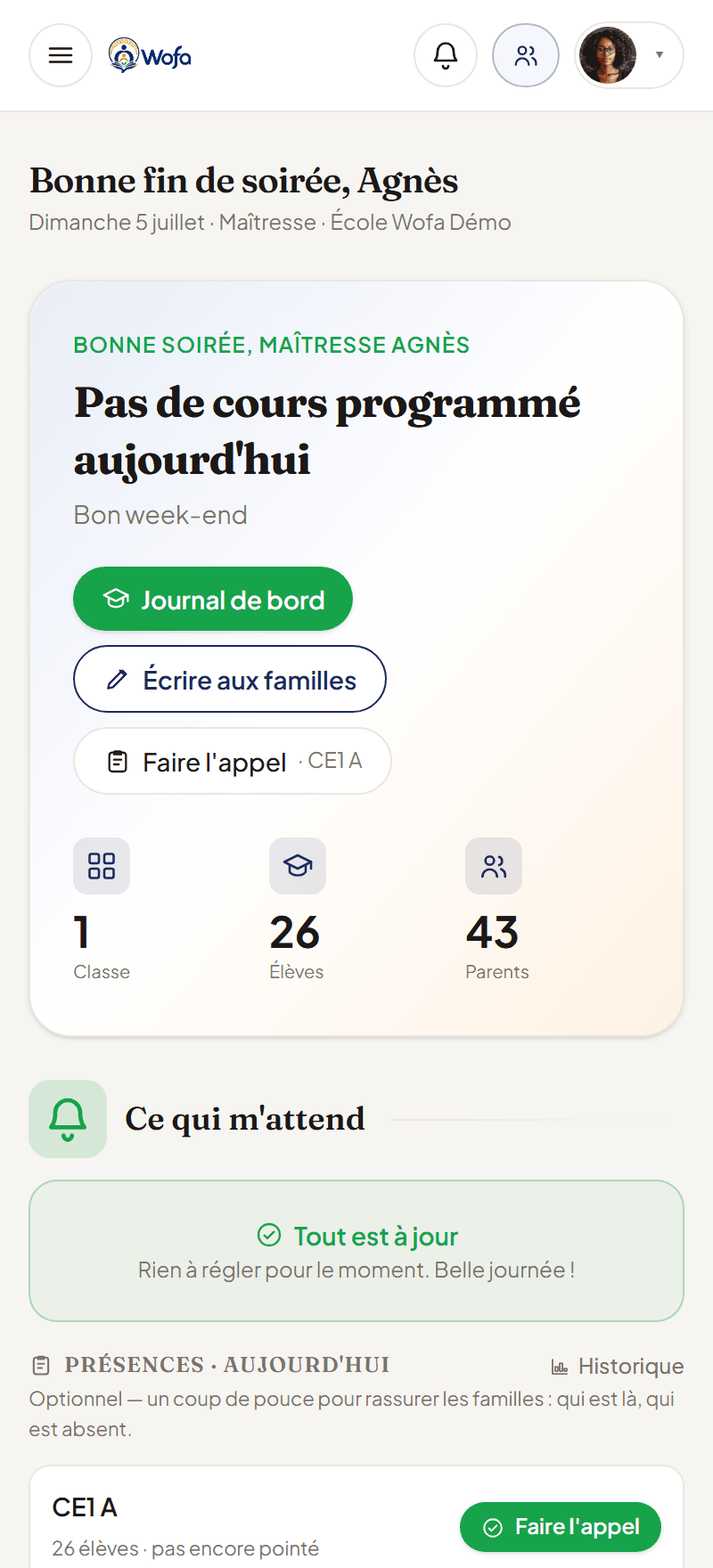 Wofa côté maîtresse : journal de bord, écrire aux familles et signaler une absence.